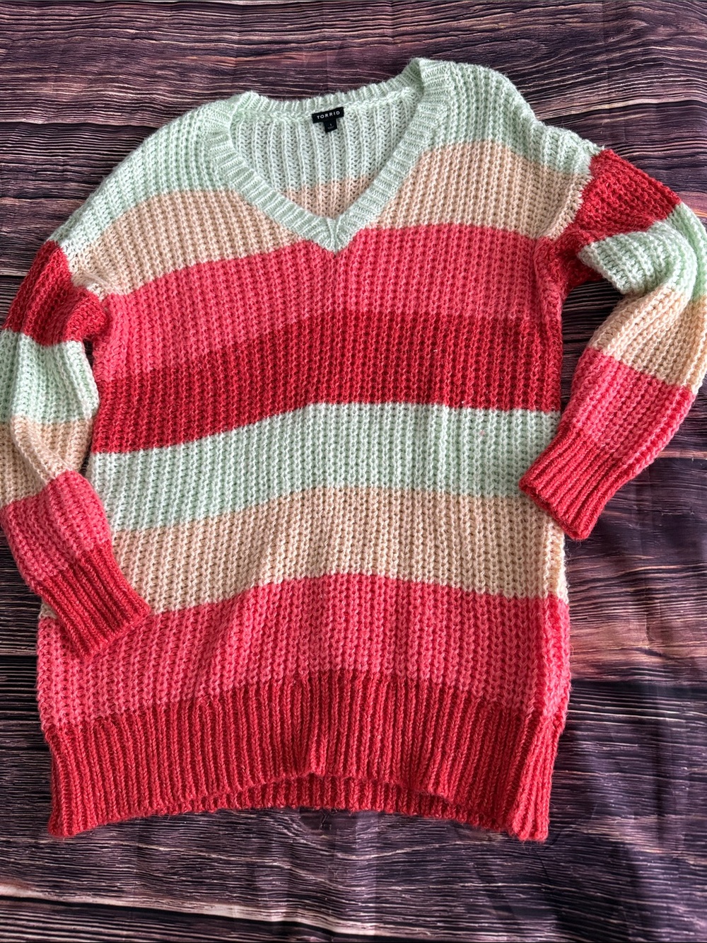 Torrid Striped V-Neck Knit Sweater - Coral, Mint & Cream